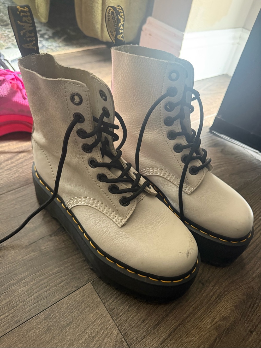 Dr. Martens White Platform Lace-Up Boots with Black Laces